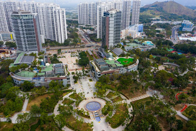 High angle view of buildings in city