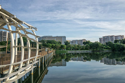 Bridge over river by buildings against sky