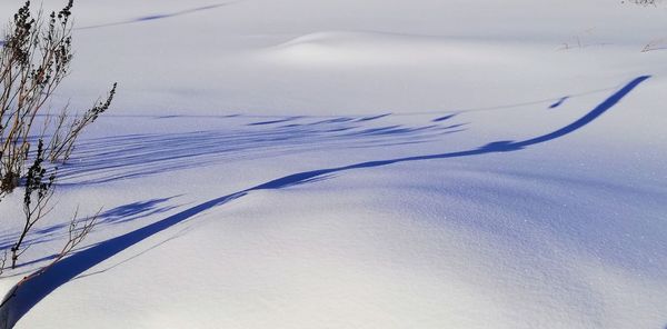 Scenic view of snow covered land against sky