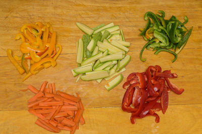 High angle view of chopped vegetables on cutting board