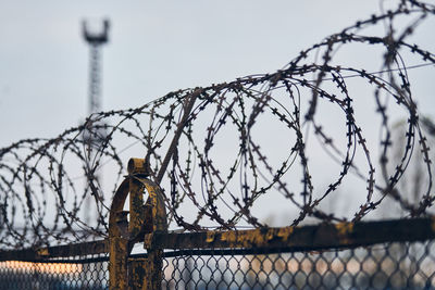 Barbed wire on fence of restricted area. no unauthorized entry. old fence of military territory