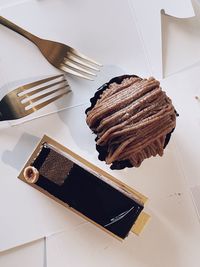 High angle view of chocolate cake on table