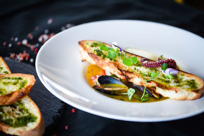 High angle view of food in plate on table