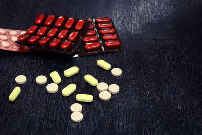 High angle view of candies on table