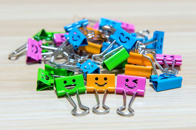 Close-up of colorful toys on table