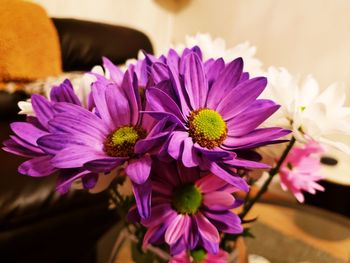 Close-up of pink and purple flowers on table