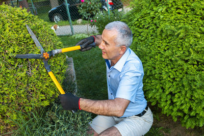 Mature gardener using scissors for trimming the branches. concept of garden decoration