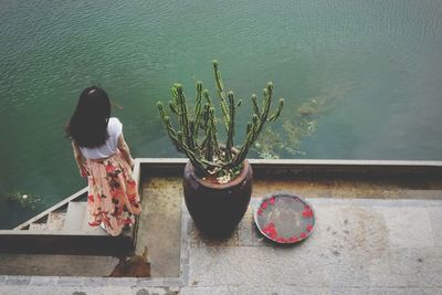 High angle view of woman and potted plant by river