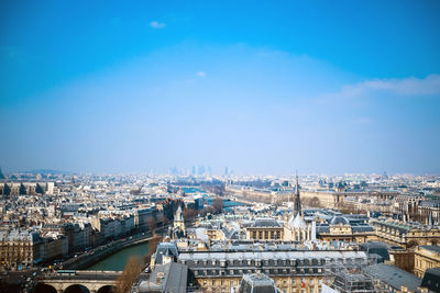 High angle view of buildings against clear sky