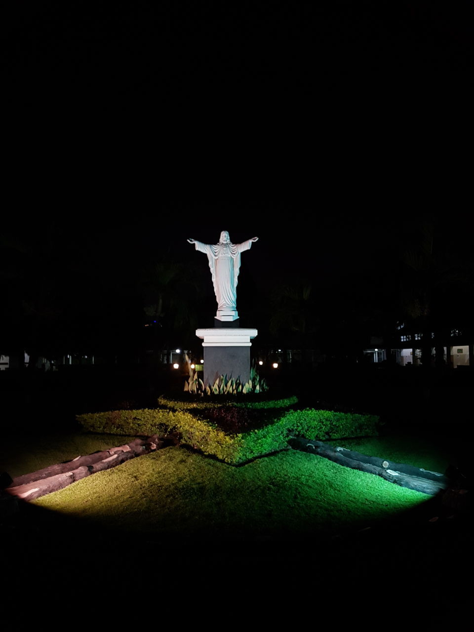 night, no people, art and craft, representation, sculpture, nature, creativity, illuminated, statue, copy space, grass, park, green color, park - man made space, human representation, plant, sky, outdoors, lighting equipment
