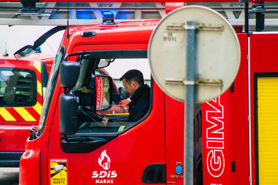 High angle view of men on bus