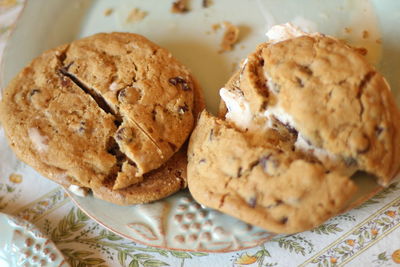 High angle view of cookies in plate