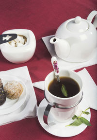 High angle view of food and drink on table