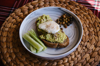 High angle view of food in basket on table