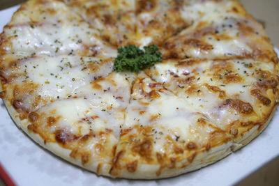 High angle view of pizza in plate on table