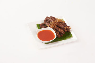 High angle view of food in plate on table