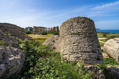 Detail of greek ruins at selinunte archaeological park with temple of hera in the background, sicily