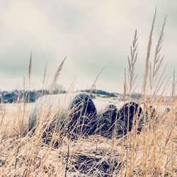 View of field against cloudy sky