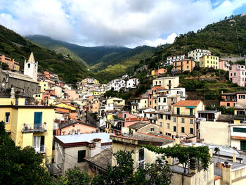 High angle shot of townscape against sky