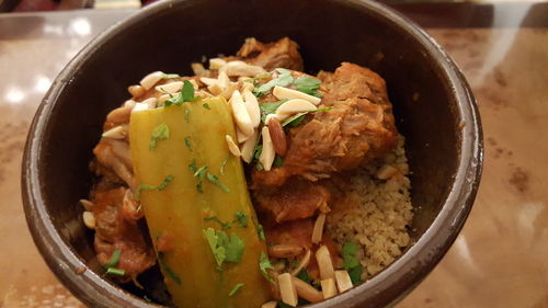 High angle view of food in bowl on table