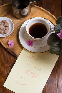 High angle view of tea served on table