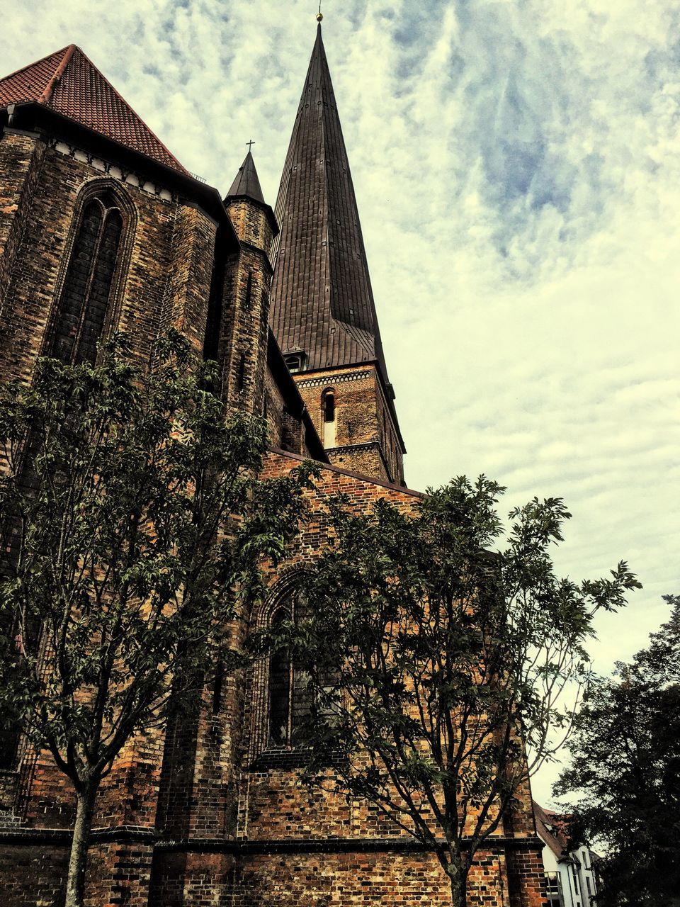 architecture, built structure, building exterior, low angle view, tree, sky, religion, church, place of worship, cloud, growth, outdoors, cloud - sky, spire, day, history, in front of, no people, steeple, architectural feature