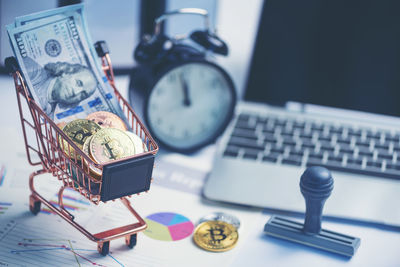 Close-up of bitcoin in shopping cart