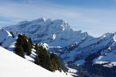 Scenic view of snow covered mountains against sky