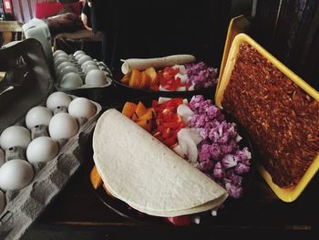 High angle view of food preparation in kitchen