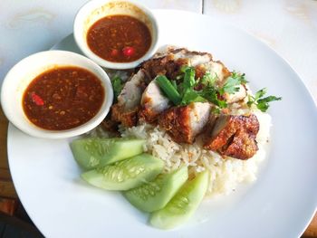 High angle view of food in plate on table