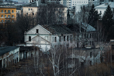 View of the gloomy abandoned buildings of the old factory