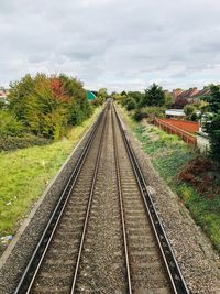 Railroad tracks amidst trees against sky