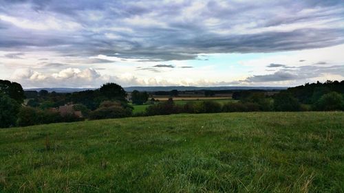 Scenic view of grassy field against cloudy sky