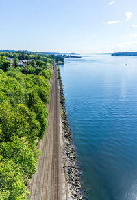 Scenic view of railroad tracks and water in tacoma, washington.