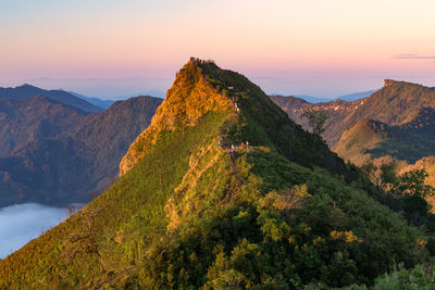 Scenic view of mountains against sky during sunset