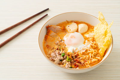 High angle view of food in bowl on table