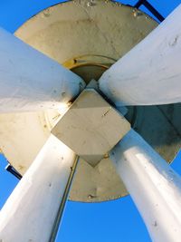 Low angle view of airplane against blue sky