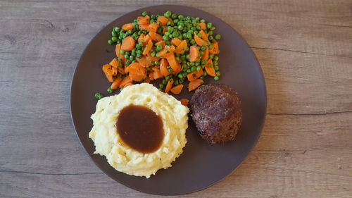 High angle view of food in plate on table