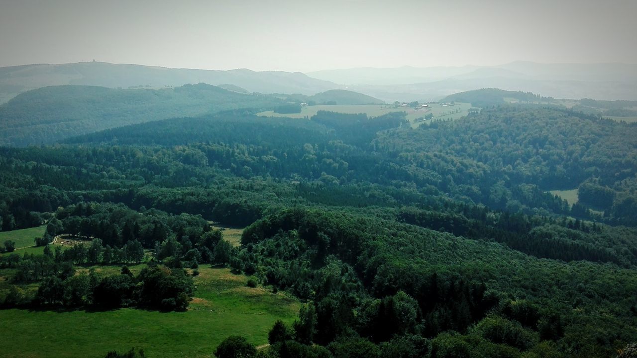 mountain, tree, tranquil scene, tranquility, landscape, scenics, green color, beauty in nature, mountain range, nature, lush foliage, growth, non-urban scene, idyllic, high angle view, green, sky, grass, forest, hill