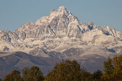 Scenic view of snowcapped mountains against clear sky