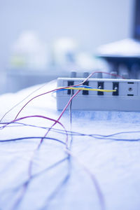 Close-up of telephone pole on table