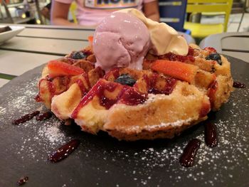 Close-up of dessert served on table