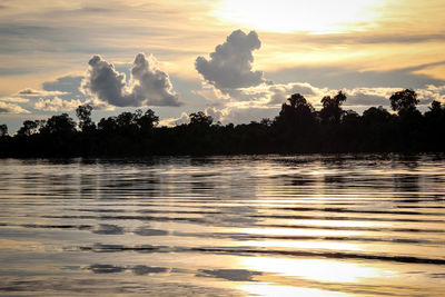 Silhouette trees by lake against sky during sunset
