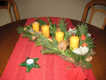 High angle view of christmas decorations on table