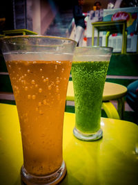 Close-up of beer in glass on table