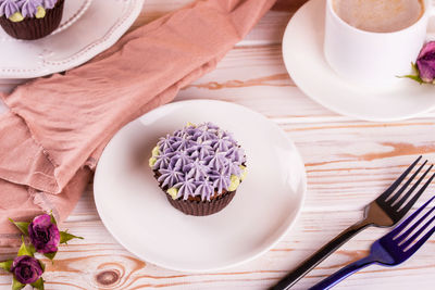 High angle view of cake served on table