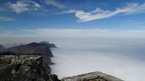 Scenic view of sea and mountains against sky