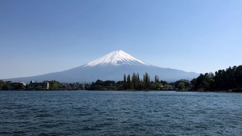 Scenic view of snowcapped mount fuji against sky at kawaguchi lake.