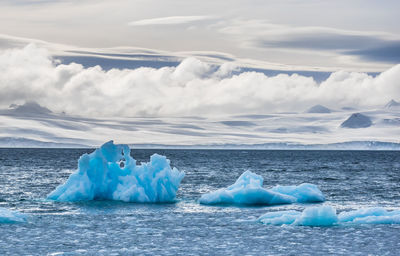 Scenic view of icebergs in sea against sky