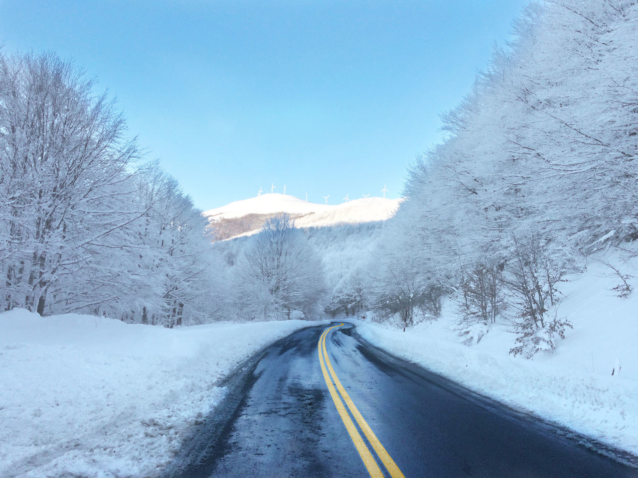 snow, winter, cold temperature, season, weather, the way forward, road, covering, clear sky, tranquil scene, mountain, transportation, landscape, tranquility, tree, beauty in nature, nature, scenics, white color, diminishing perspective